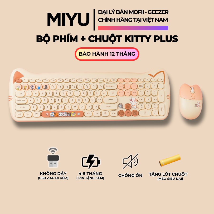 Mofii Miyu Kitty Plus Combo Bàn Phím Và Chuột Không Dây Chính Hãng Giả Cơ Tương Thích Win Macos 8405