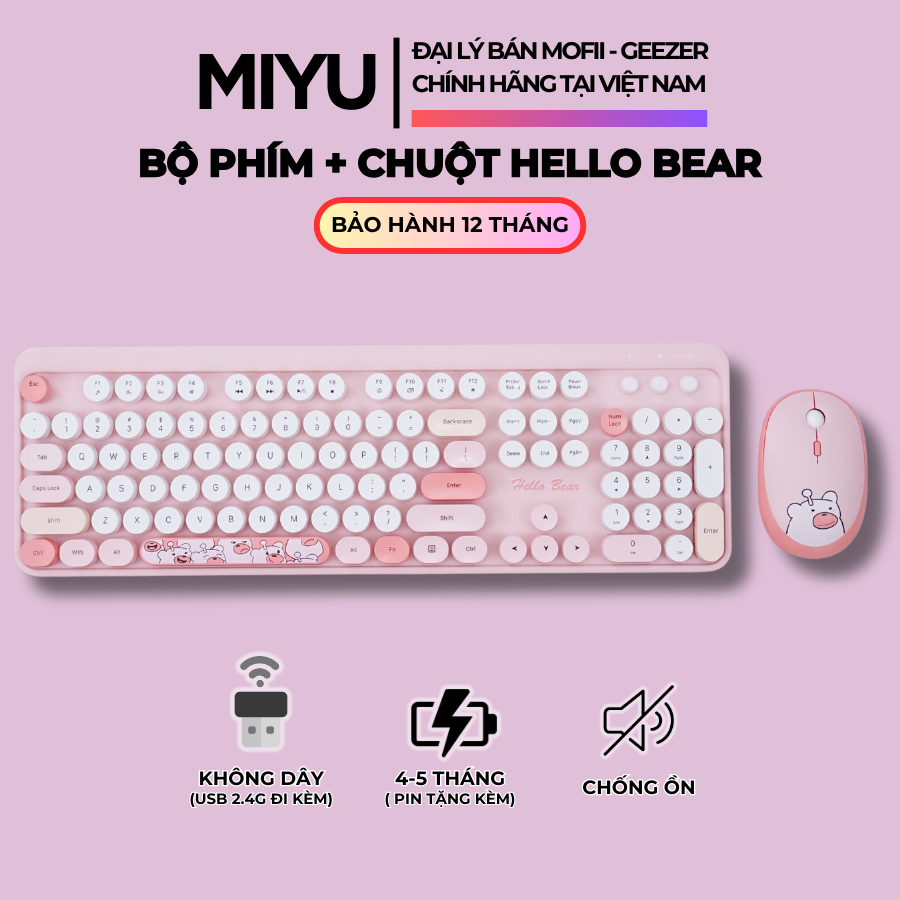 Mofii Miyu Hello Bear Combo Bàn Phím Và Chuột Không Dây Chính Hãng Tương Thích Cả Windows VÀ 4797