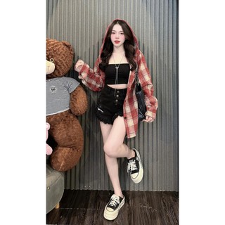 Áo Khoác Sơ Mi Flannel tay dài Caro có Nón