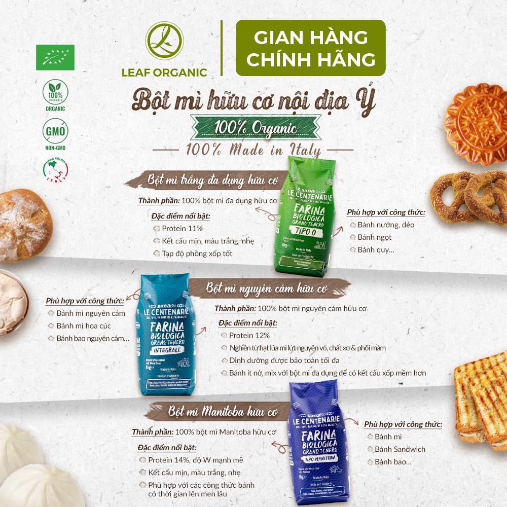 Ảnh Bột mì hữu cơ Sima Bio 1kg các loại nguyên cám, đa dụng, Manitoba 3