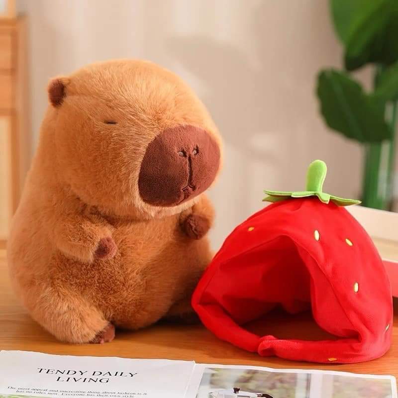 Capybara Dâu Capybara Gấu Bông Cao Cấp Capybara Đội Mũ Dâu Dễ Thương Chất Liệu Vải Lông Thú Và Đường May Đẹp