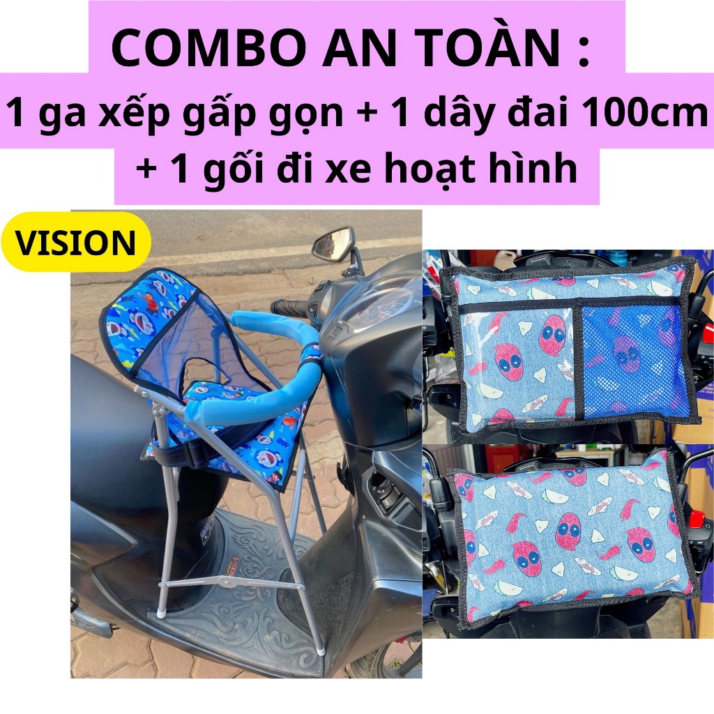 Combo An Toàn : 1 ghế ga xếp sắt sơn xếp gọn + 1 dây đai 100cm + 1 gối hoạt hình đi xe máy cho bé
