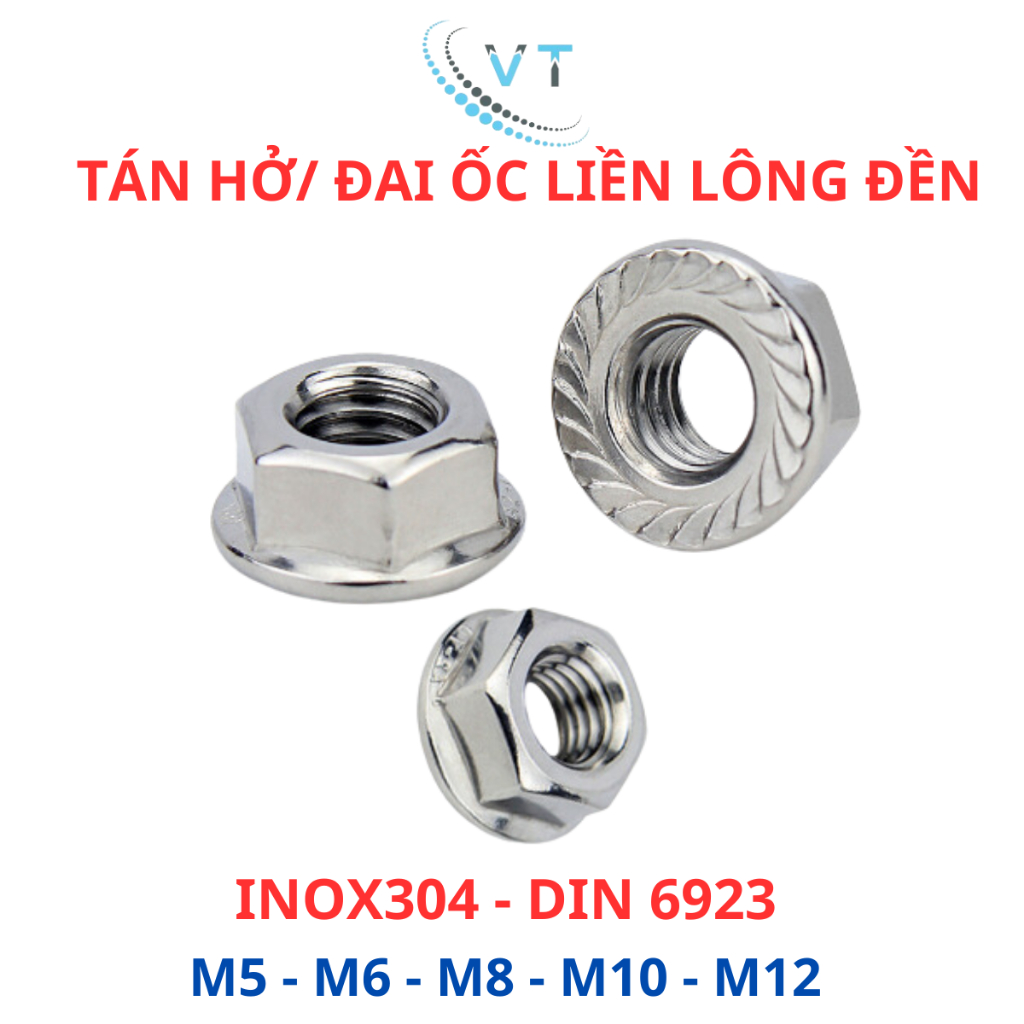 [Túi 10 Con] Đai Ốc Liền Long Đền INOX 304 (Tán Hở) M5  - M12 - Tán Có Vành Chống Nới Lỏng, Thép Không Gỉ Sáng Bóng