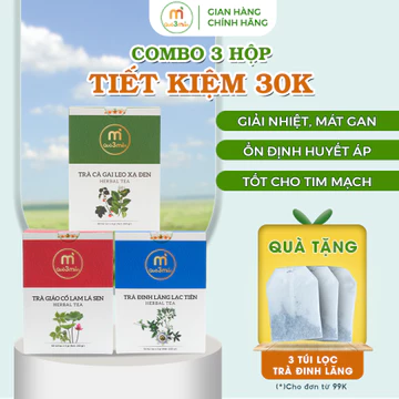 Combo 3 hộp Trà Cà Gai Leo Xạ Đen, Trà Giảo Cổ Lam Lá Sen và Trà Đinh Lăng Lạc Tiên hộp 30 túi thương hiệu Quà 3 Miền