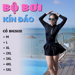 Đồ bơi nữ tay dài bikini liền thân váy, chống nắng kín đáo đen phối xám, thiết kế thể thao