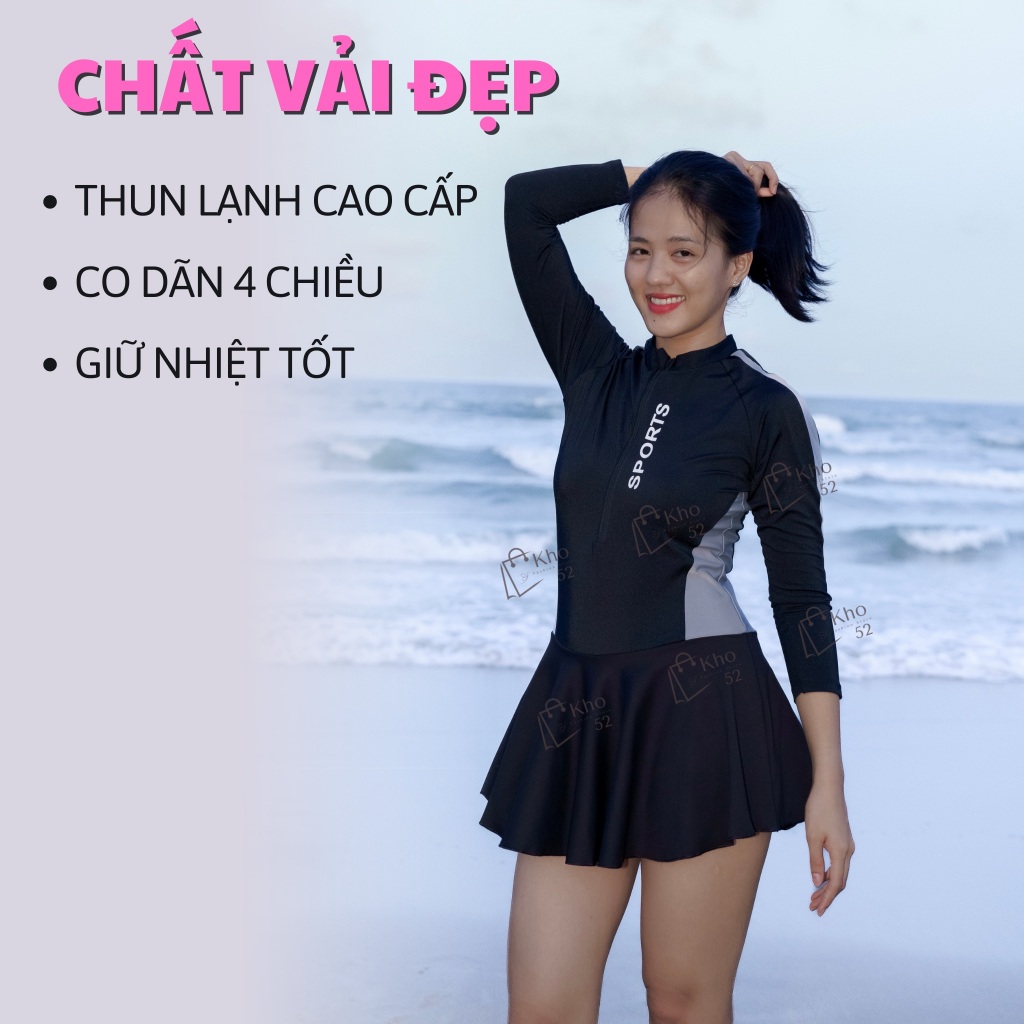 [CÓ BIGSIZE] Đồ bơi nữ tay dài bikini liền thân váy, chống nắng kín đáo đen phối xám, thiết kế thể thao