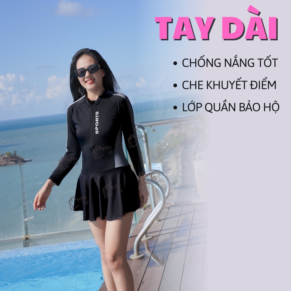 [CÓ BIGSIZE] Đồ bơi nữ tay dài bikini liền thân váy, chống nắng kín đáo đen phối xám, thiết kế thể thao