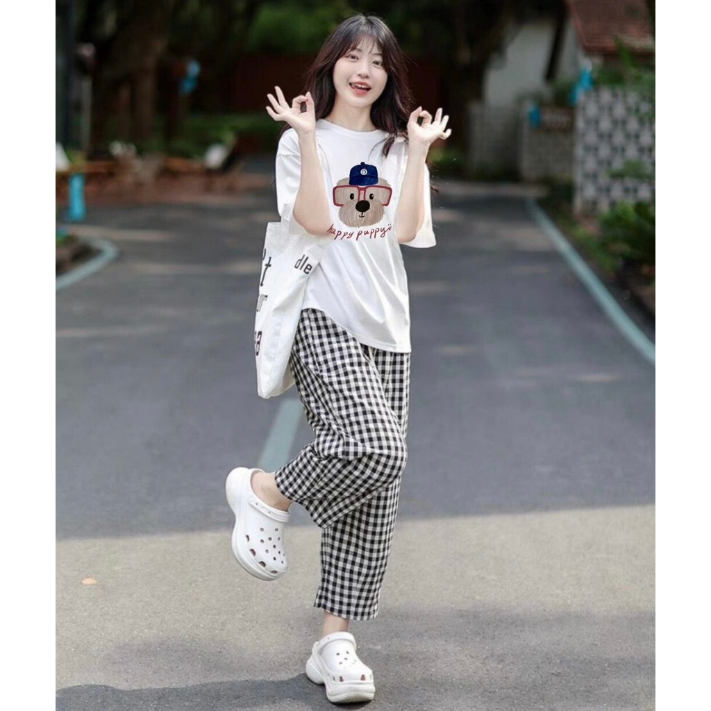Sét bộ Nữ quần dài caro Áo ngắn tay xinh xắn JULYfashion2023, đồ bộ nữ mặc nhà, mặc ngủ chất Cotton, mềm mát