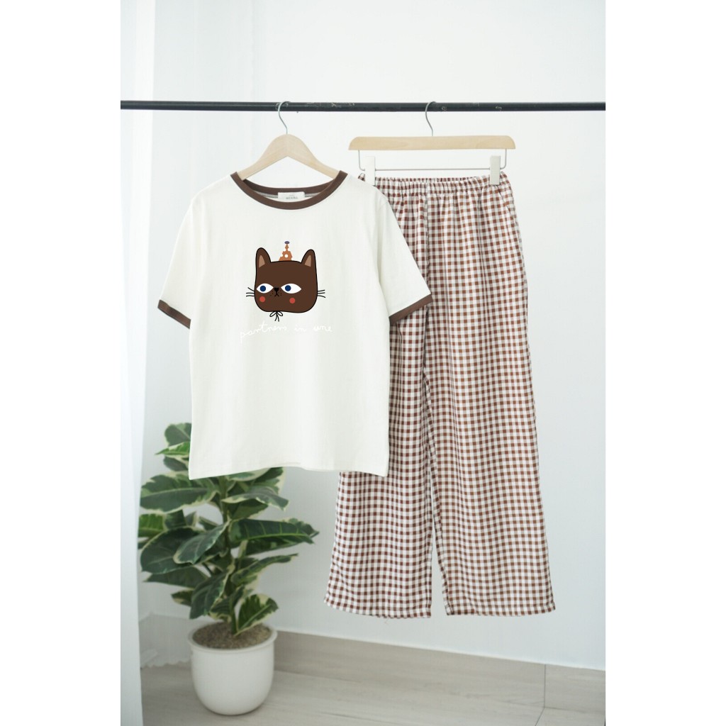Sét bộ Nữ quần dài caro Áo ngắn tay xinh xắn JULYfashion2023, đồ bộ nữ mặc nhà, mặc ngủ chất Cotton, mềm mát
