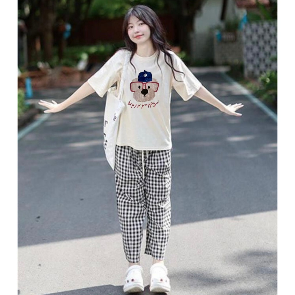 Sét bộ Nữ quần dài caro Áo ngắn tay xinh xắn JULYfashion2023, đồ bộ nữ mặc nhà, mặc ngủ chất Cotton, mềm mát