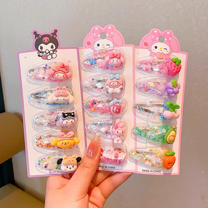 Vỉ 5 Kẹp Tóc Mái Bật Đính Kim Tuyến Lấp Lánh Charm Hoạt Hình Xinh Xắn Cho Bé Phụ Kiện Tóc Nữ Empoli