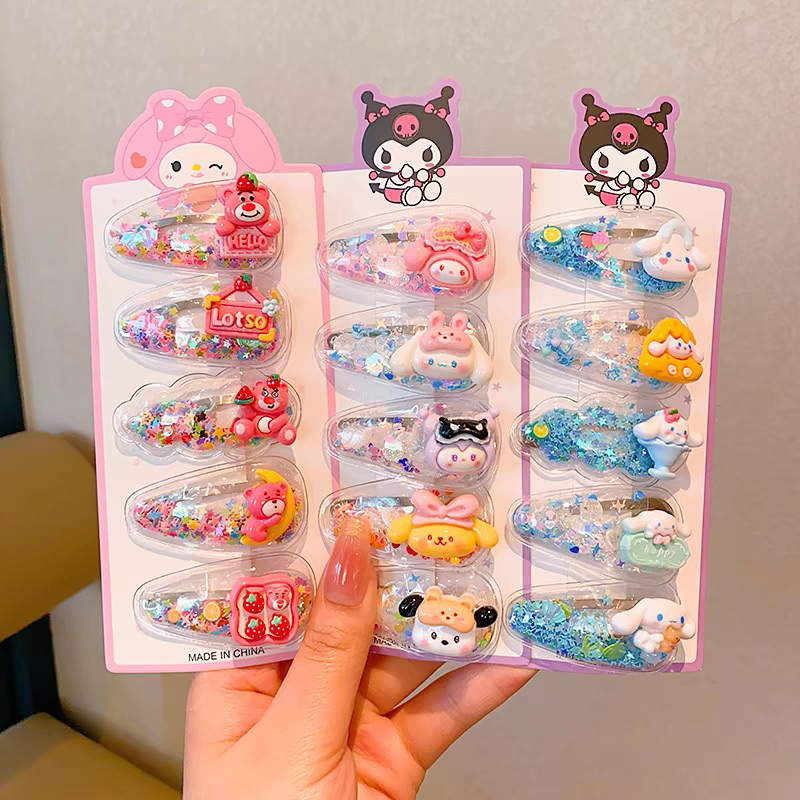 Vỉ 5 Kẹp Tóc Mái Bật Đính Kim Tuyến Lấp Lánh Charm Hoạt Hình Xinh Xắn Cho Bé Phụ Kiện Tóc Nữ Empoli
