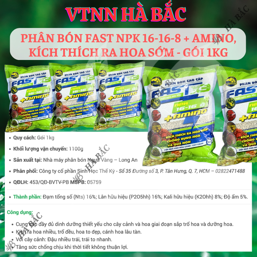 Phân Bón Fast NPK 16-16-8 + Amino, Kích Thích Ra Hoa Sớm - Gói 1KG