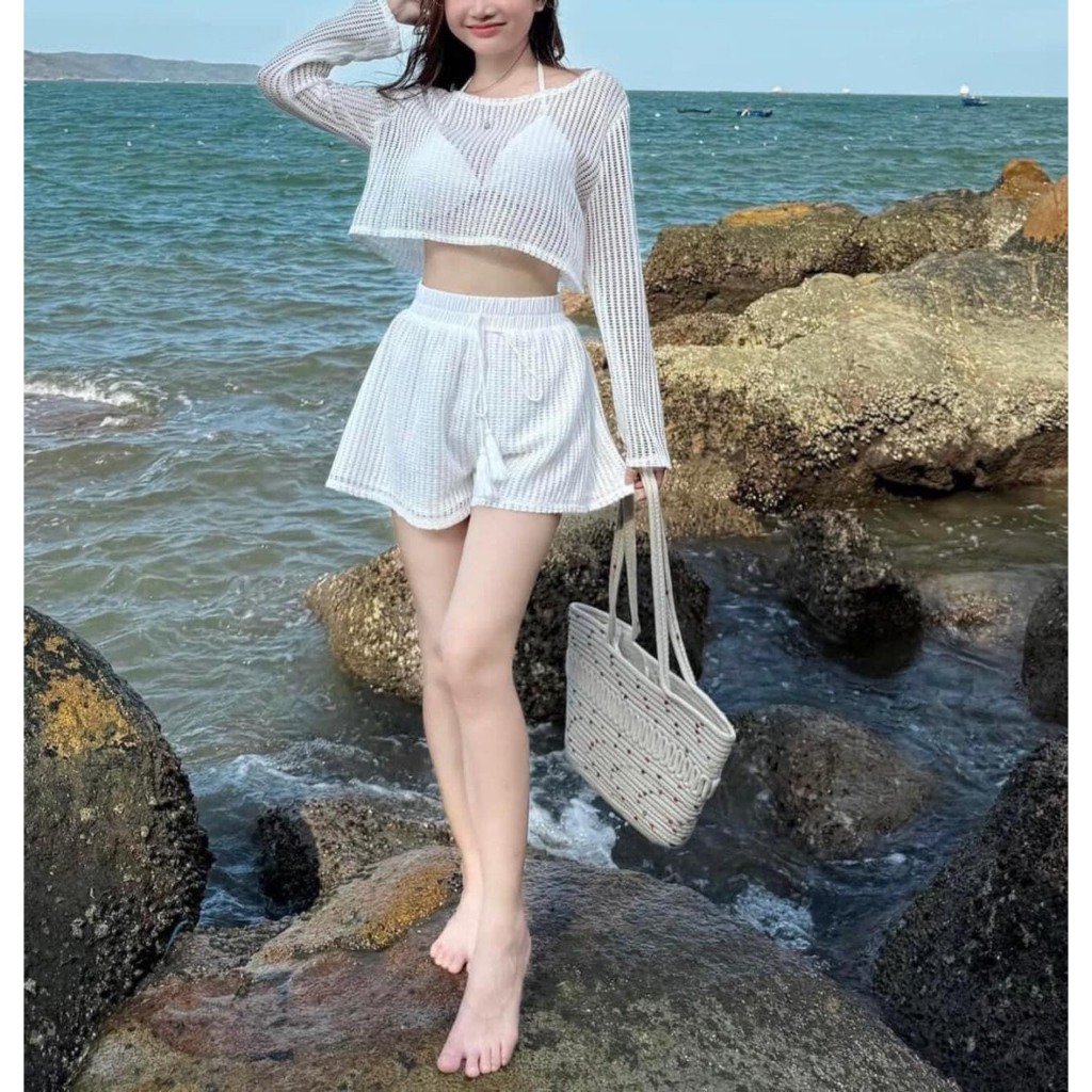 BỘ ĐỒ BƠI SÉT BIKINI 3 MÓN ÁO CROTOP TAY DÀI BRA TAM GIÁC QUẦN CẠP CAO 2 LỚP TRẺ TRUNG NĂNG ĐỘNG MS977