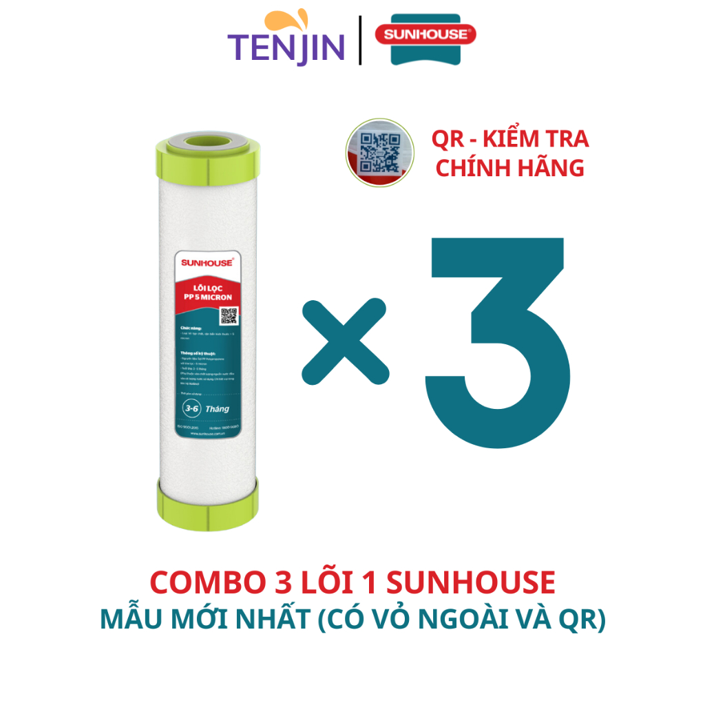 Combo 3 Lõi Số 1 SUNHOUSE (KHÔNG PHẢI COMBO 123) PP 5 Micron Chính Hãng Mẫu Mới Dành Cho Cốc Lọc 10Inch