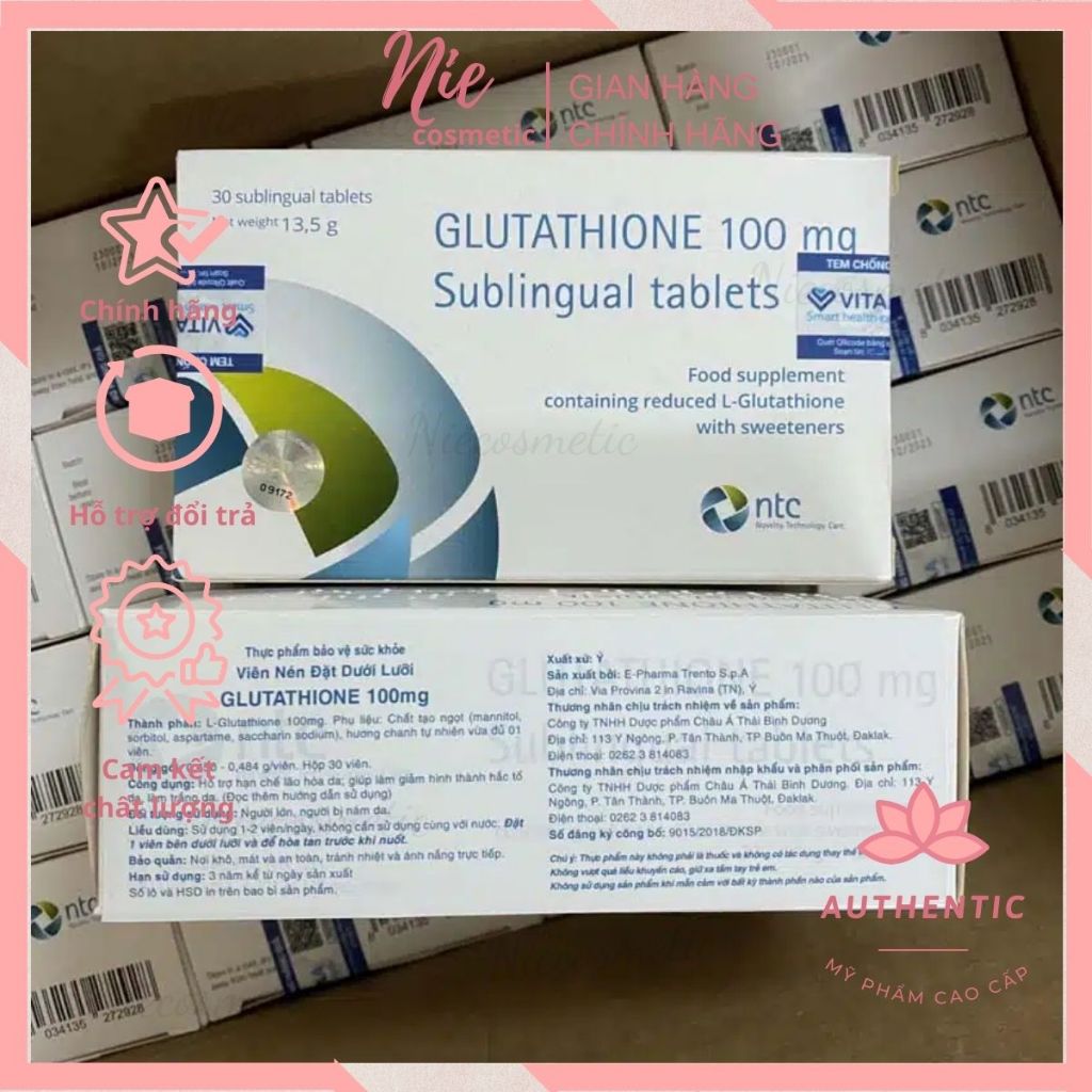 Công ty] Viên Ngậm Trắng Da Glutathione 100mg Sublingual Tablets Hộp 30  viên