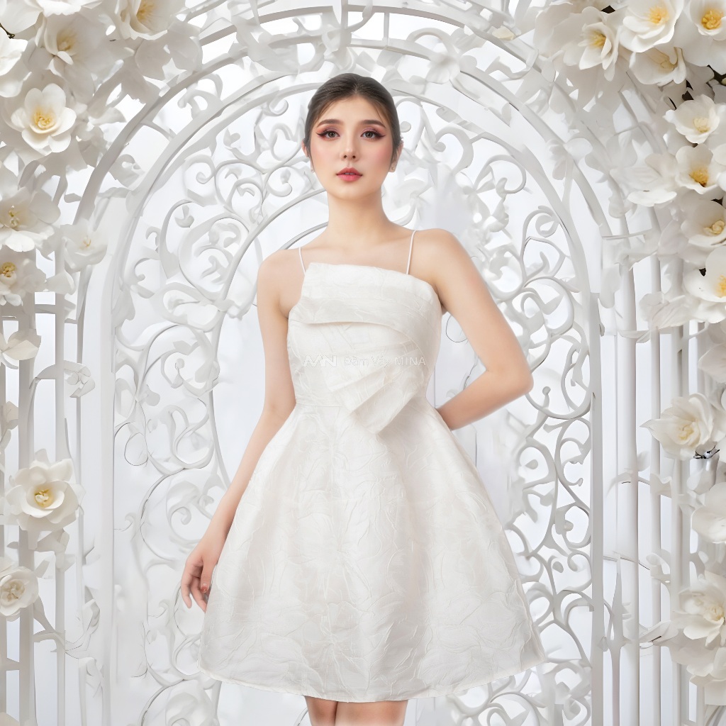 Ảnh Đầm dự tiệc sang trọng MINA chất liệu gấm hoa nổi thiết kế hai dây dáng xoè đắp nơ ngực (CÓ ĐỆM NGỰC) MN126 1