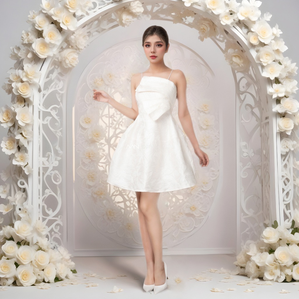 Ảnh Đầm dự tiệc sang trọng MINA chất liệu gấm hoa nổi thiết kế hai dây dáng xoè đắp nơ ngực (CÓ ĐỆM NGỰC) MN126 2