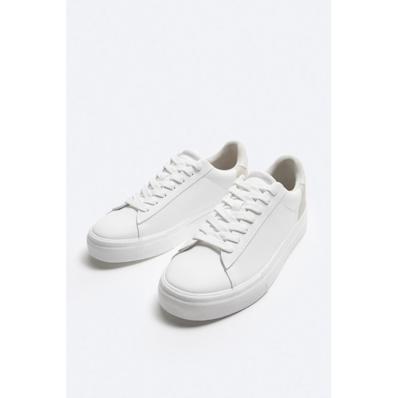 Giày sneaker Zara chính hãng White Cream Classic - Trắng phối be  Dáng cổ điển