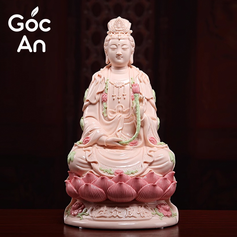 Tượng Đại Thế Chí Bồ Tát Ngồi Thiền Chất Liệu Gốm Sứ Dehua Hồng Cao Cấp, Đồ Decor Phong Thủy, Trang Trí Bàn Thờ Phật