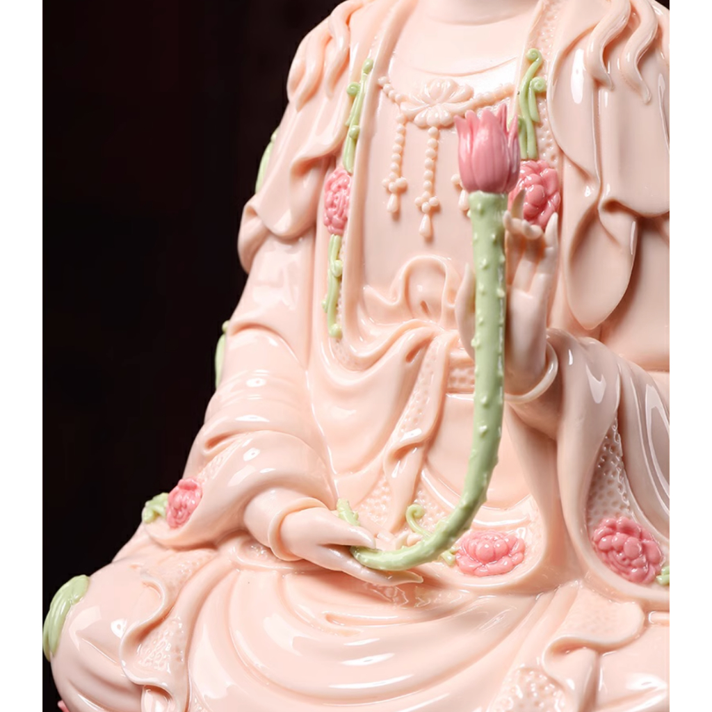 Tượng Đại Thế Chí Bồ Tát Ngồi Thiền Chất Liệu Gốm Sứ Dehua Hồng Cao Cấp, Đồ Decor Phong Thủy, Trang Trí Bàn Thờ Phật