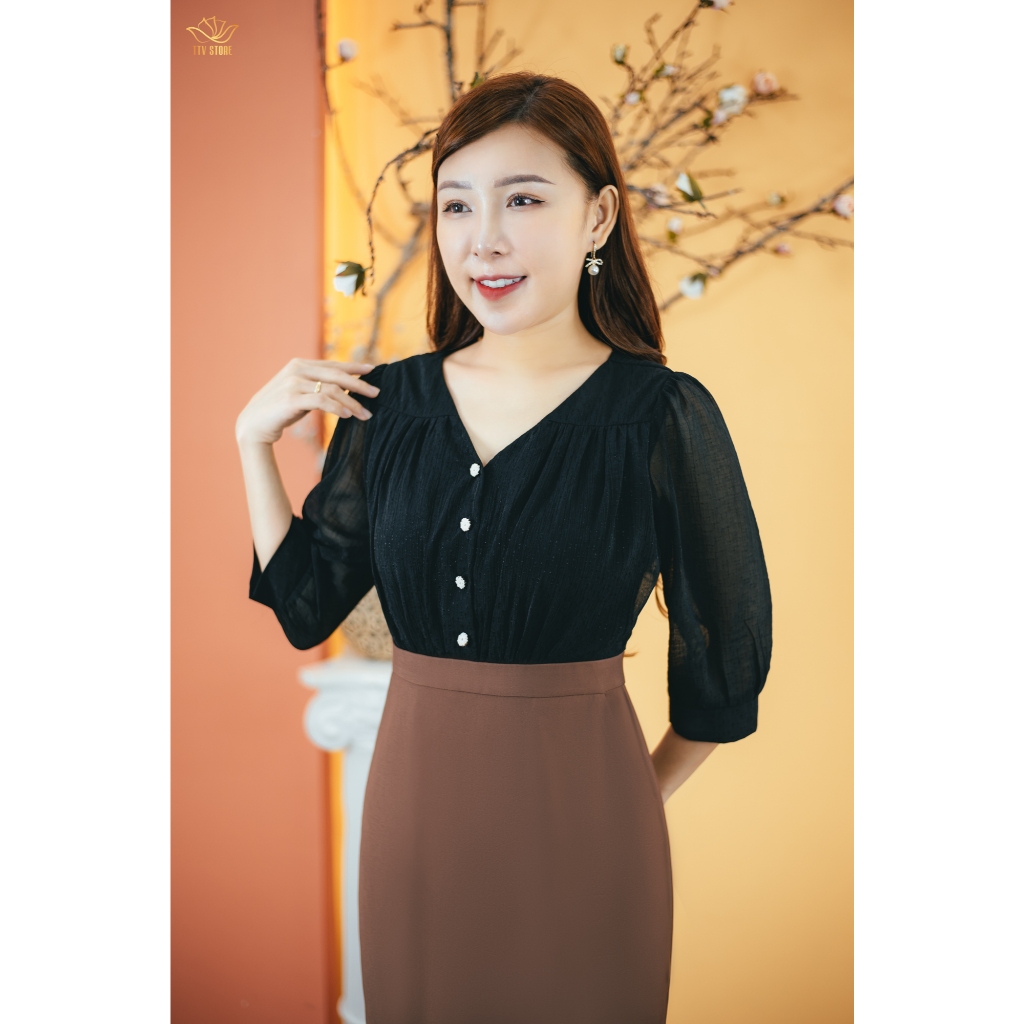 Ảnh Đầm body trung niên Cổ tim kết nút tay lỡ màu Đen nâu TTV Store thời trang nữ TTV1640 3