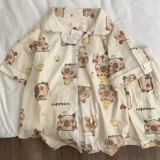 Đồ bộ nữ pijama mặc nhà, bộ ngủ dễ thương quần cộc áo cộc chất vải thô hàn mềm cho mùa hè