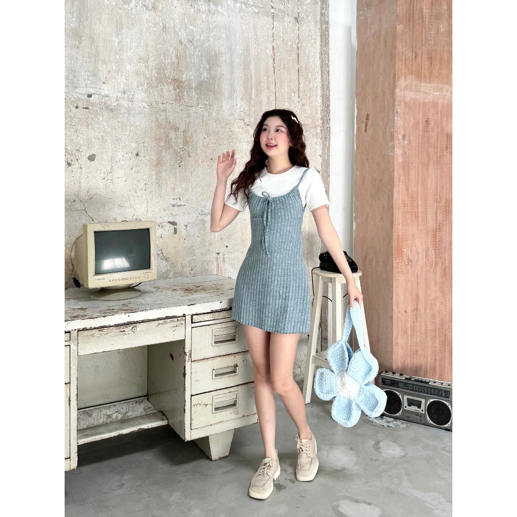 Ảnh Đầm 2 Dây Ngắn Nhún Ngực Thắt Dây Thời Trang Hàn GAGO Brand Mix Match Phong Cách Chất Thun Len Tơ GG4851 2