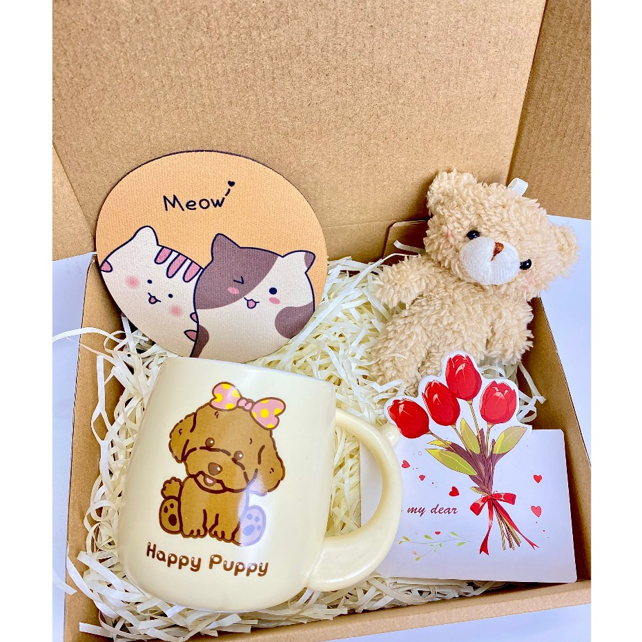 Set Quà Tặng Cốc Sứ Bánh Mỳ Happy, Gấu Thiệp Sinh Nhật, Tặng Bạn Bè Người Thân Kèm Lót Ly, Phụ Kiện Xinh Xắn