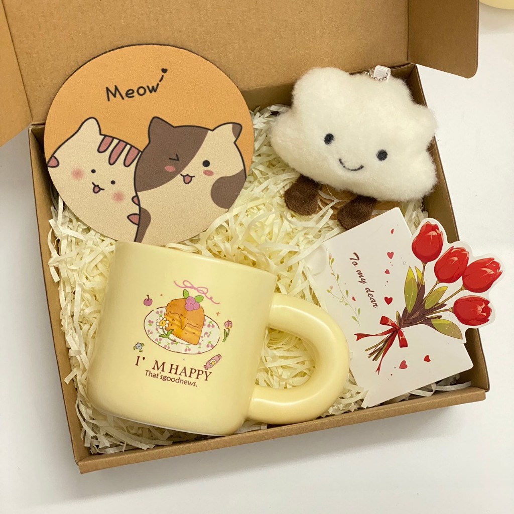 Set Quà Tặng Cốc Sứ Bánh Mỳ Happy, Gấu Thiệp Sinh Nhật, Tặng Bạn Bè Người Thân Kèm Lót Ly, Phụ Kiện Xinh Xắn
