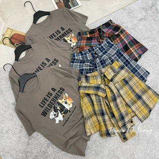 QCL1 Set chân váy kẻ buộc áo phông xám hàng hottrend quá 92773