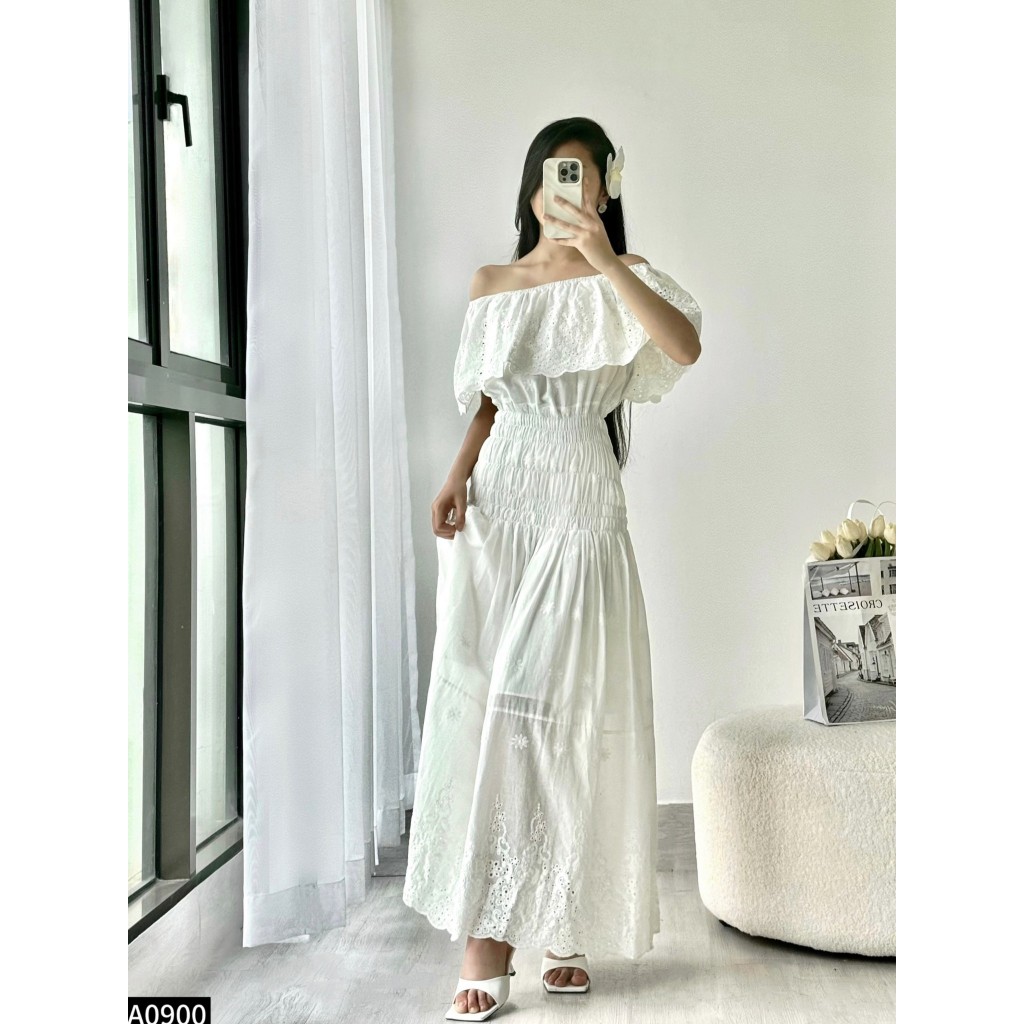 Đầm maxi thô ren dáng dài bẹt vai chun eo A900
