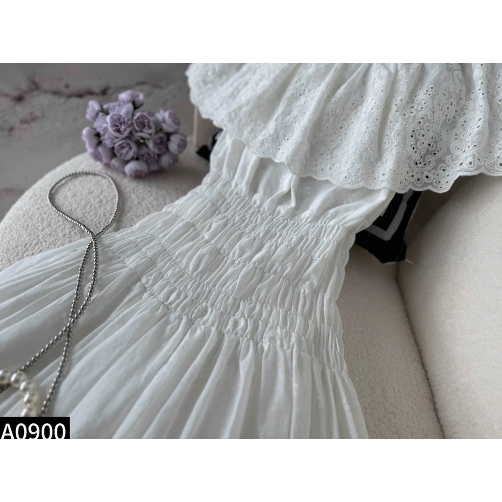 Đầm maxi thô ren dáng dài bẹt vai chun eo A900