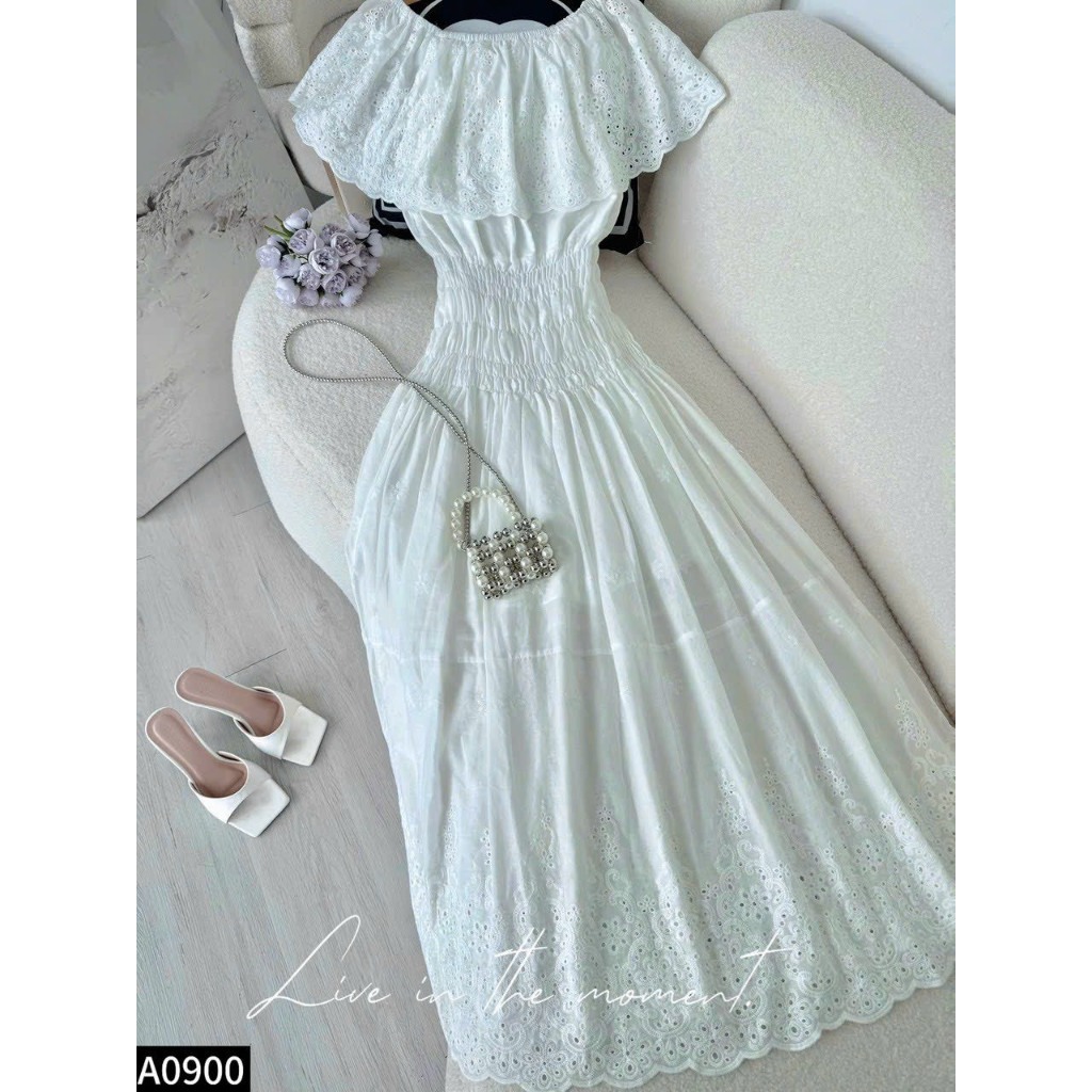 Đầm maxi thô ren dáng dài bẹt vai chun eo A900
