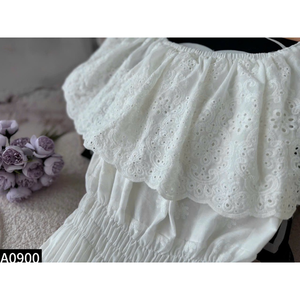 Đầm maxi thô ren dáng dài bẹt vai chun eo A900