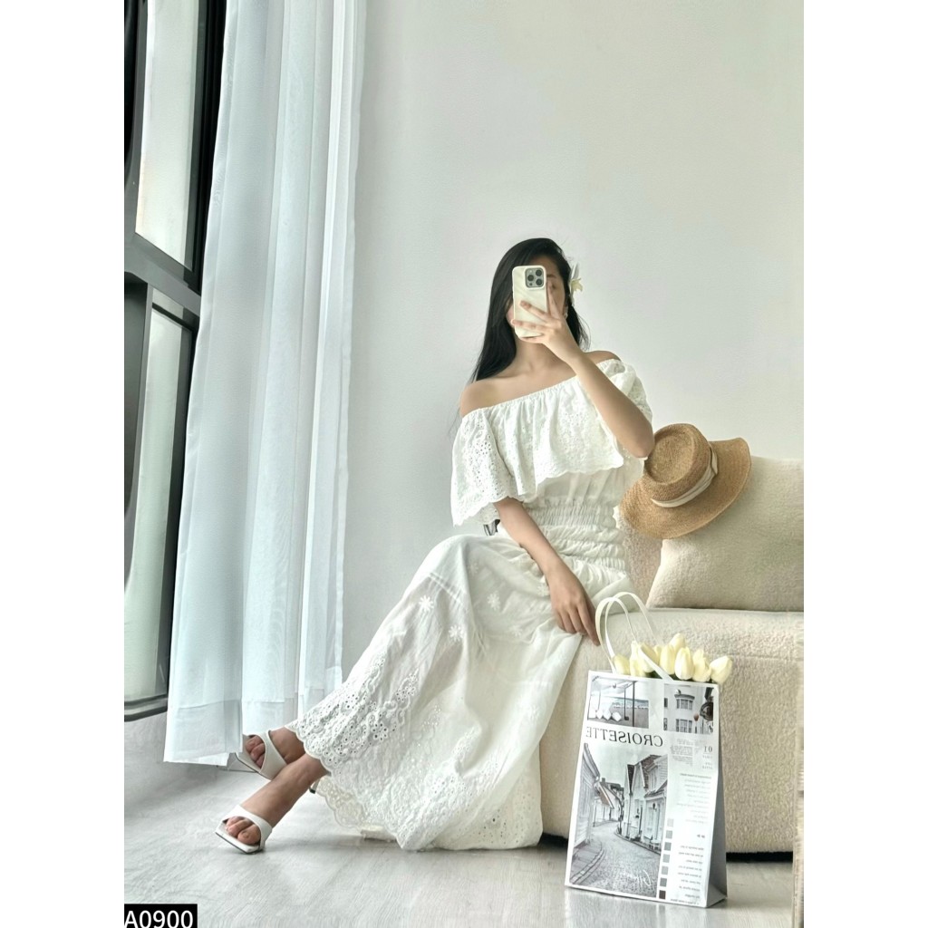 Đầm maxi thô ren dáng dài bẹt vai chun eo A900