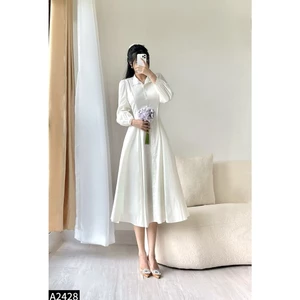 Đầm maxi thô chiết ly eo dáng dài 1 màu trắng A2428