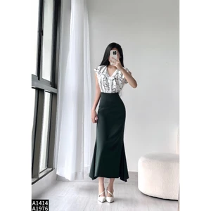 Set bộ áo sơ mi lụa họa tiết phối chân váy đuôi cá midi A1414