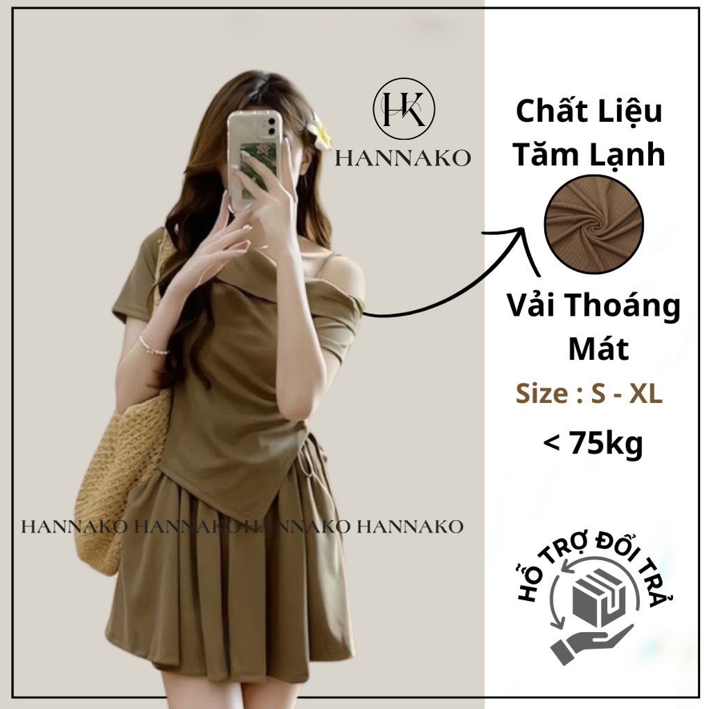 Set Áo Trễ Vai Nữ Kèm Quần Sooc Xòe  Set Bộ Áo Nữ Lệch Vai Dây Rút Chất Thun Tăm 124 222