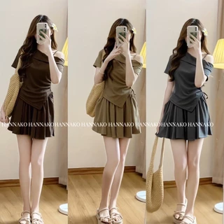 Set Áo Trễ Vai Nữ Kèm Quần Sooc Xòe  Set Bộ Áo Nữ Lệch Vai Dây Rút Chất Thun Tăm 124 222