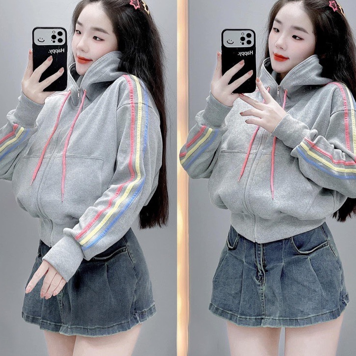 (CÓ TÚI TRONG) Áo Khoác Nỉ Dây Kéo Viền 3 Sọc Màu Cầu Vòng Thời Trang Nón TO Chống Nắng Tốt