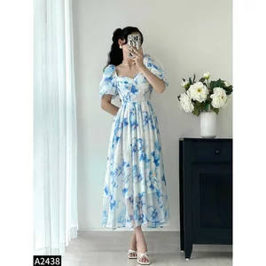 Đầm hoa midi tay bồng xếp ly dưới 2 màu hoa hồng và hoa xanh cho các nàng dự tiệc A2438