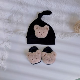 Set mũ củ tỏi đính gấu kèm tất sơ sinh 3-10kg. Phụ kiện sơ sinh trẻ em. Dino kids