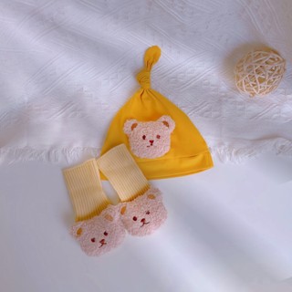Set mũ củ tỏi đính gấu kèm tất sơ sinh 3-10kg. Phụ kiện sơ sinh trẻ em. Dino kids