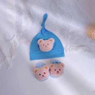 Set mũ củ tỏi đính gấu kèm tất sơ sinh 3-10kg. Phụ kiện sơ sinh trẻ em. Dino kids