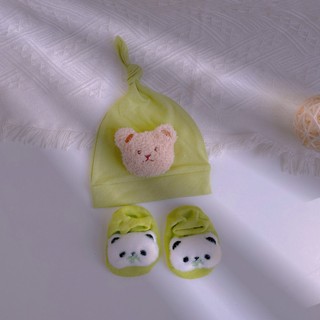Set mũ củ tỏi đính gấu kèm tất sơ sinh 3-10kg. Phụ kiện sơ sinh trẻ em. Dino kids
