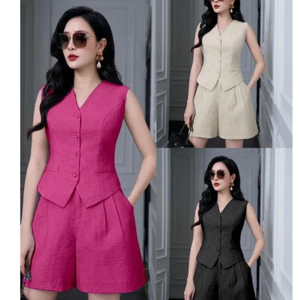 Set Bộ Gilê + Quần Ngắn Áo Lót Thân Lụa Trước Vải Đũi Dày Và Mát
