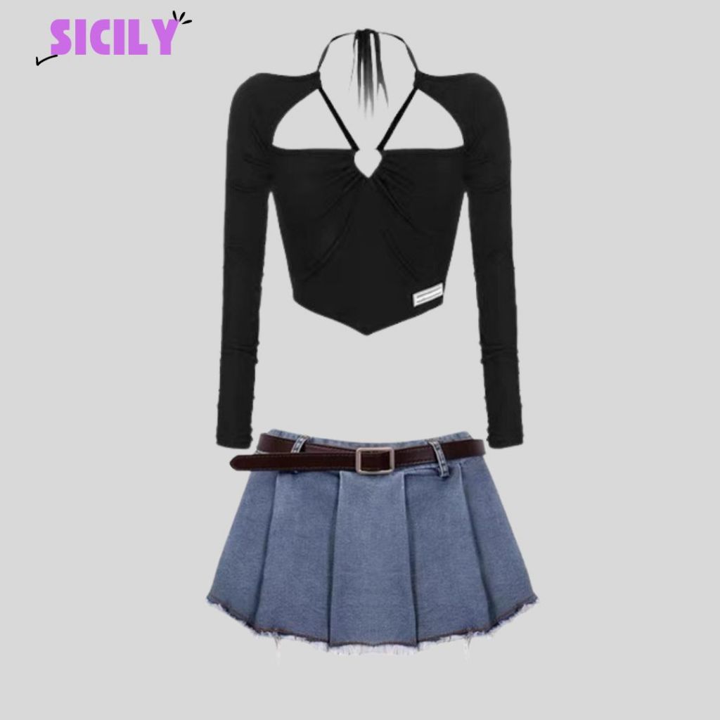 Áo croptop nữ dài tay Sicily áo thun khoét ngực phụ kiện tim AKNPKT61
