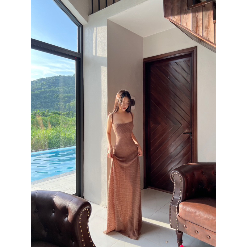 G.U - CHOCO&VANI DRESS - ĐẦM MAXI LEN KHOE LƯNG