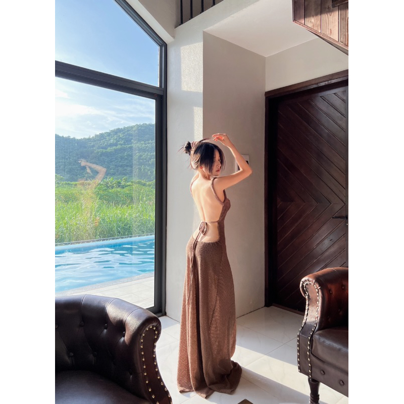 G.U - CHOCO&VANI DRESS - ĐẦM MAXI LEN KHOE LƯNG